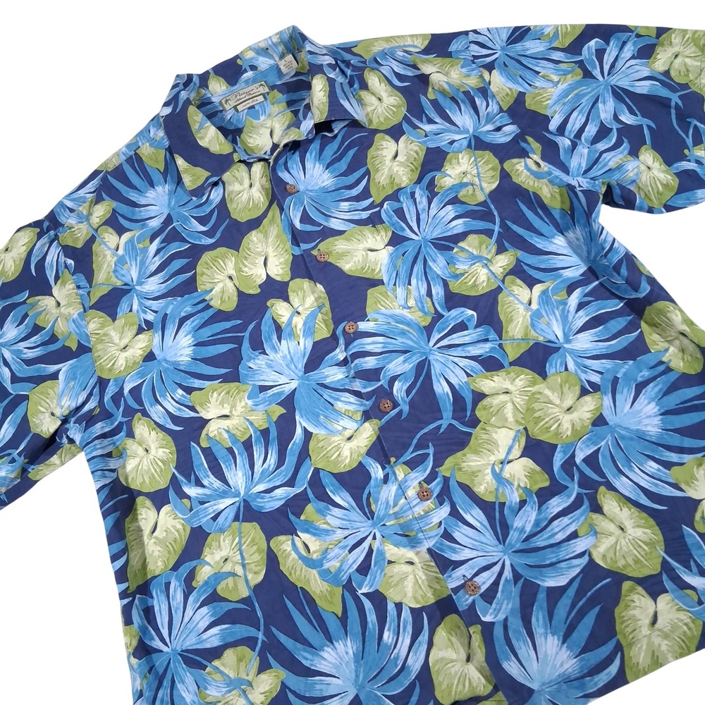Pussers Island Reserve Mens Large Silk Tropical Floral Camp Shirt Blue Green